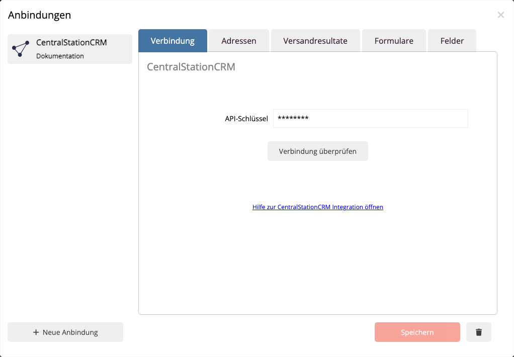 Gespeicherte CentralStationCRM Anbindung