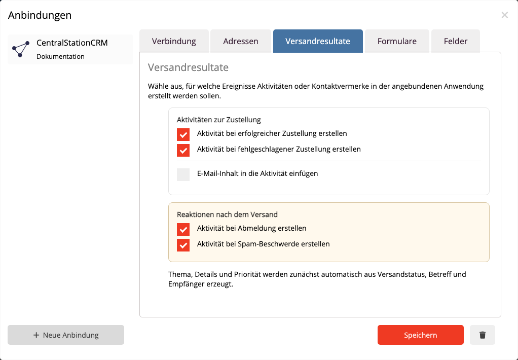 CentralStationCRM Versandereignisse aktivieren