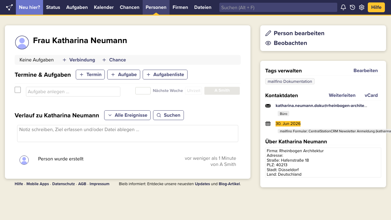 Neue Person nach Formularübermittlung in CentralStationCRM