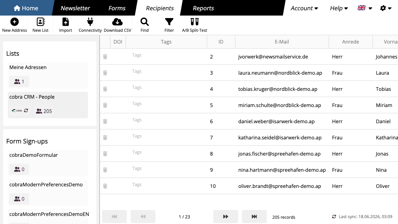 Open imported cobra recipient list