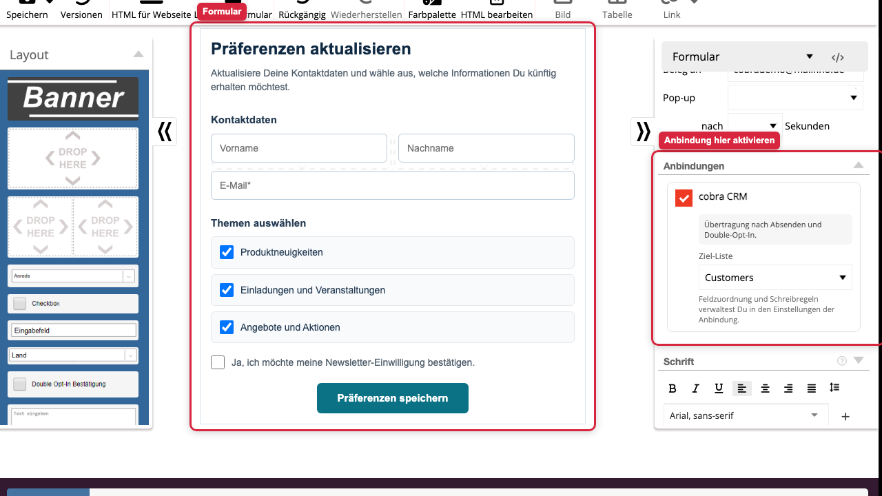cobra Anbindung im Formular auswählen