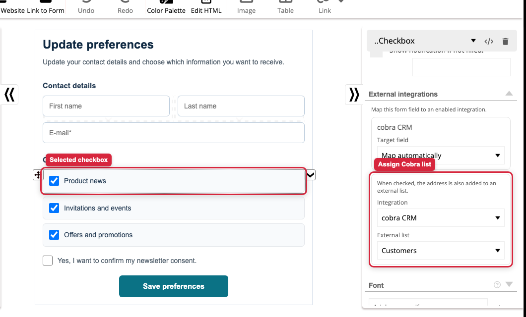 Set Cobra list for selected form checkbox
