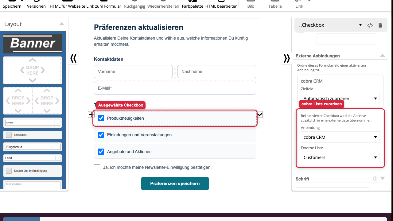 cobra Liste für ausgewählte Formular-Checkbox festlegen