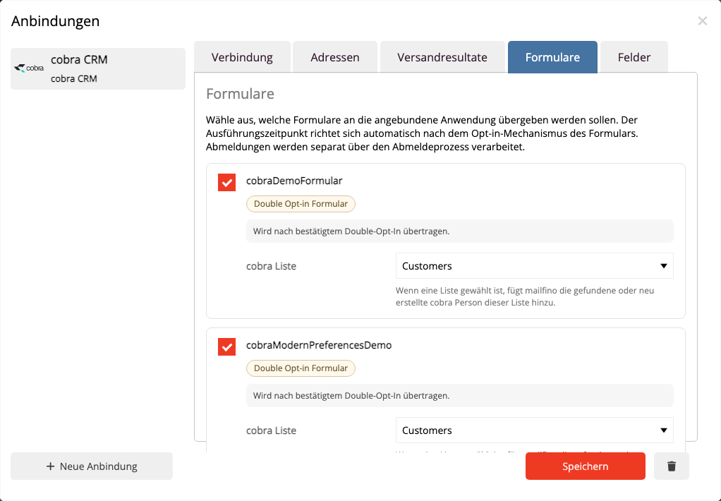 Formularzuordnung im Anbindungsmanager prüfen