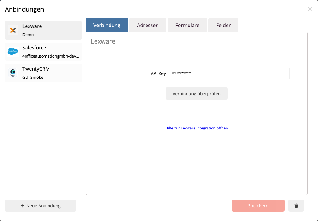 Lexware Anbindung im Anbindungsmanager