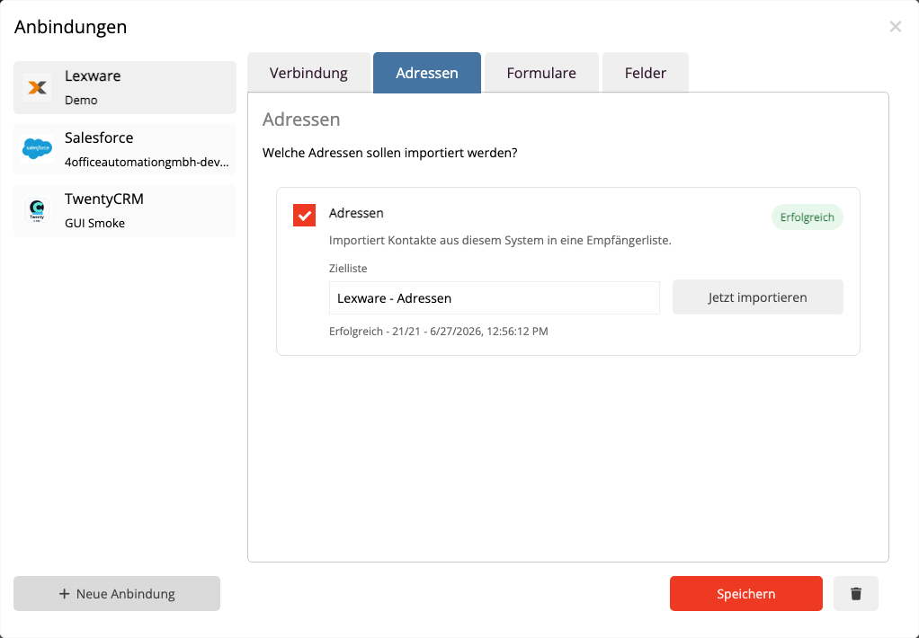 Lexware Adressquellen auswählen
