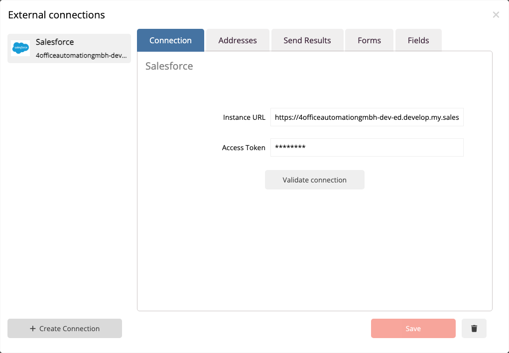 Salesforce Verbindung im Anbindungsmanager