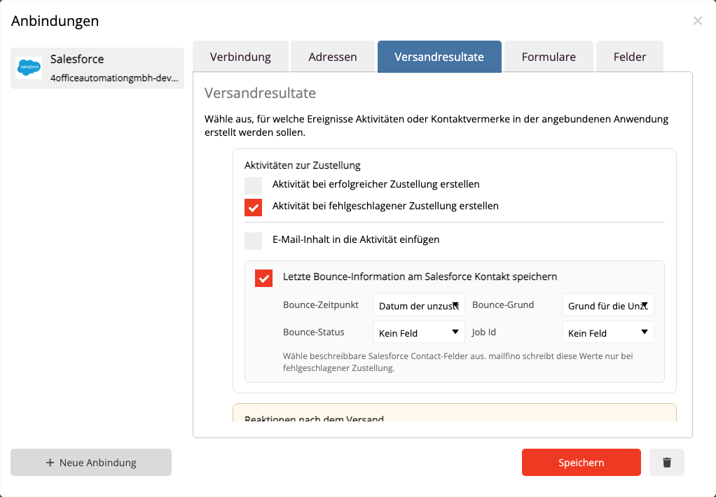 Salesforce Aktivitäten und Bounce-Informationen speichern