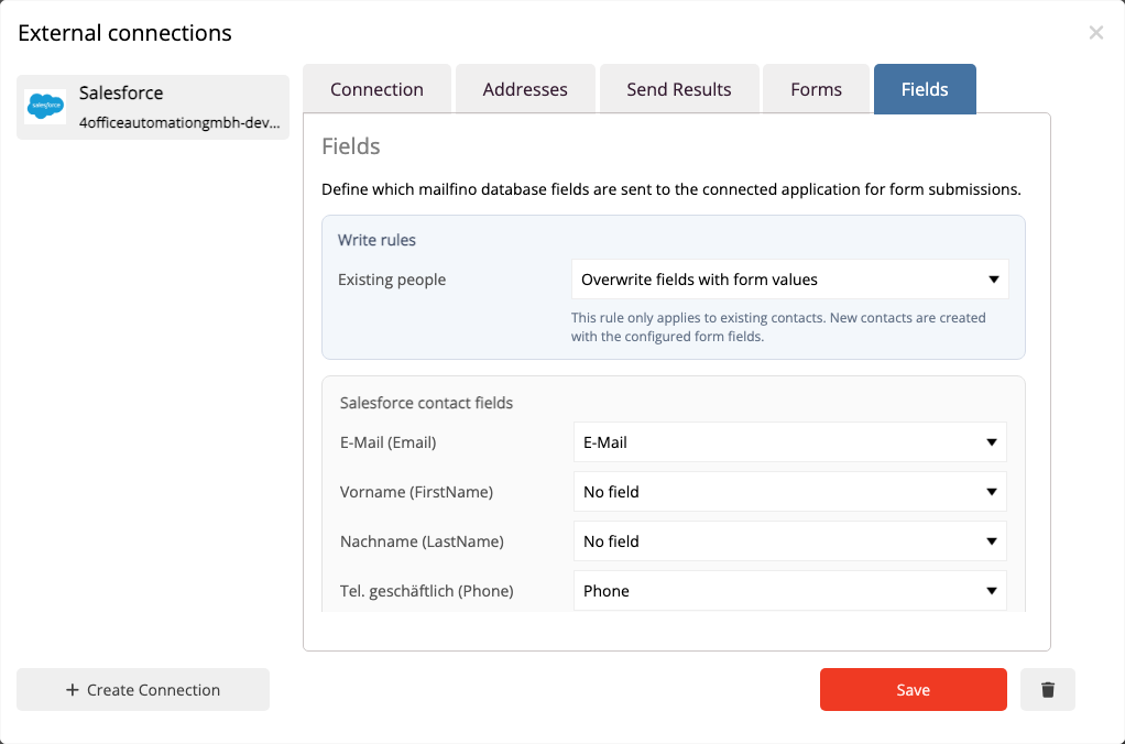 Salesforce Feldzuordnung im Anbindungsmanager