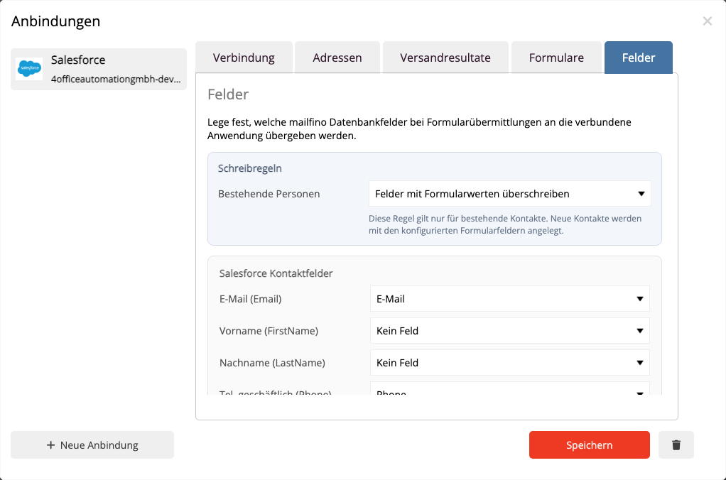 Salesforce Feldzuordnung im Anbindungsmanager