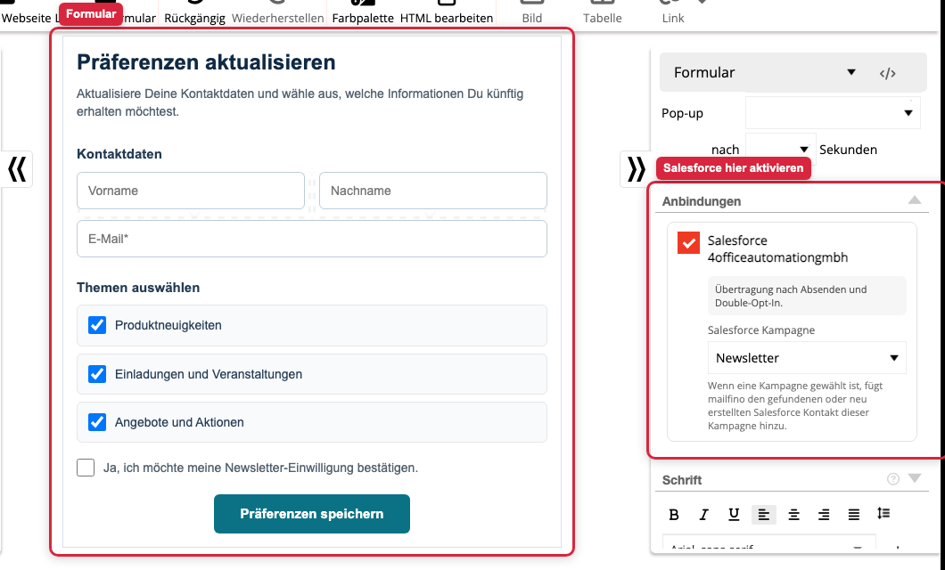 Salesforce Anbindung im Formular auswählen