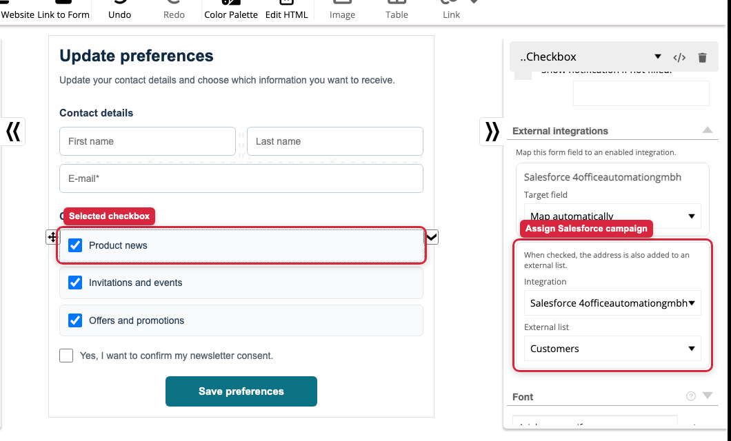 Salesforce Kampagne für ausgewählte Formular-Checkbox festlegen