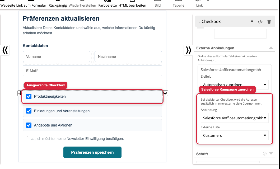 Salesforce Kampagne für ausgewählte Formular-Checkbox festlegen