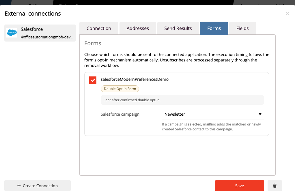 Check form assignment in the connection manager