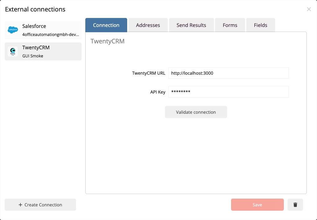 TwentyCRM Anbindung im Anbindungsmanager