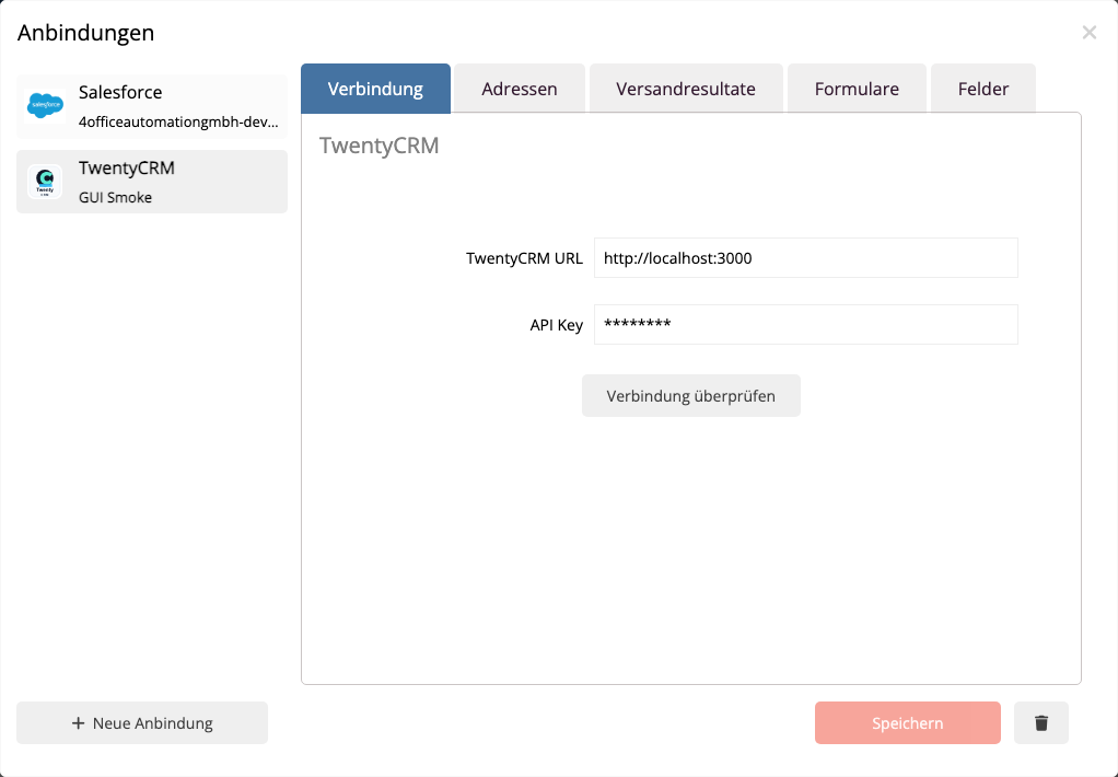 TwentyCRM Anbindung im Anbindungsmanager