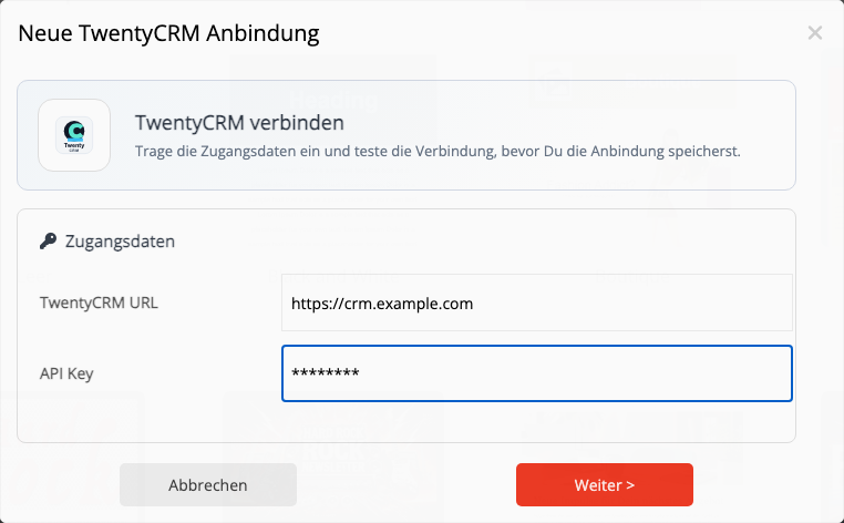 TwentyCRM Zugangsdaten eingeben