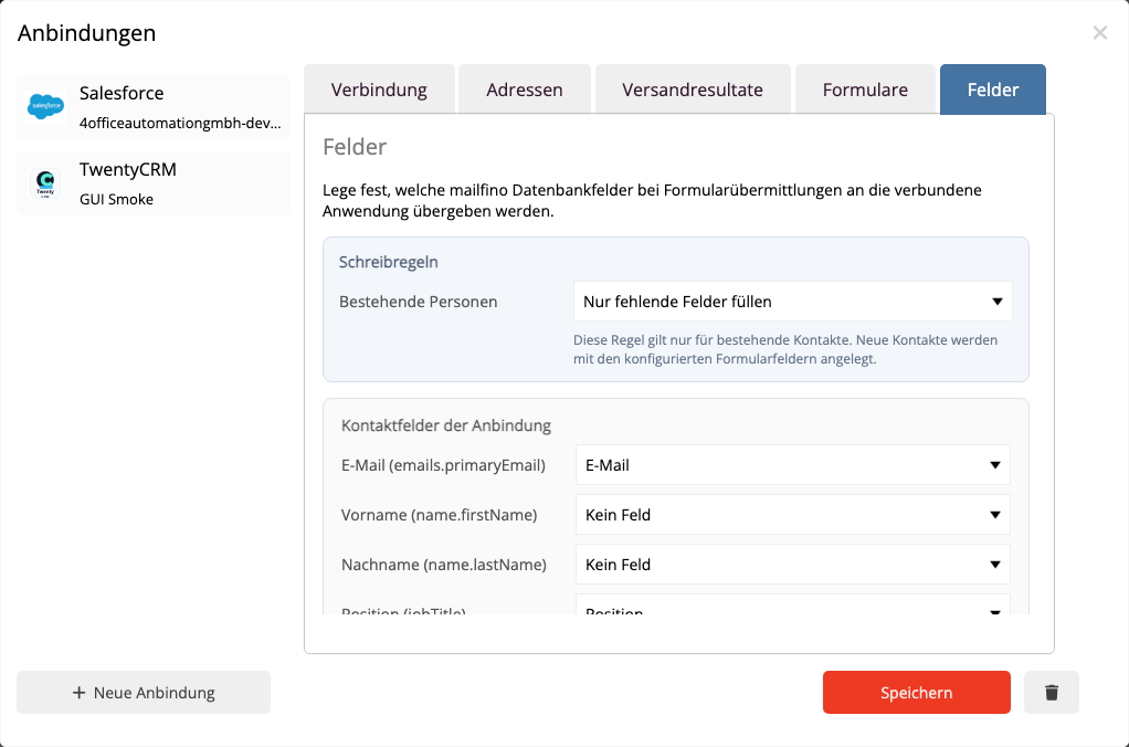 TwentyCRM Feldmapping prüfen