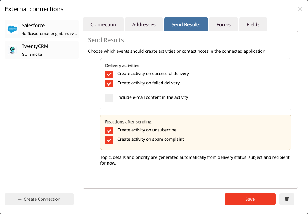 TwentyCRM Touchpoints für Versandresultate