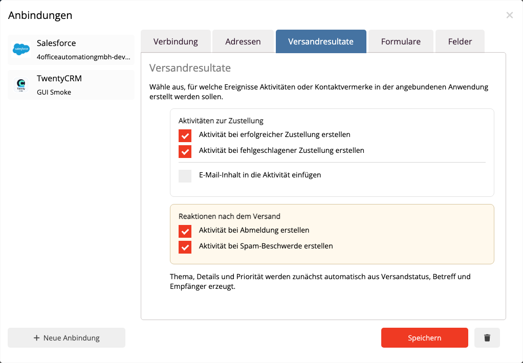 TwentyCRM Touchpoints für Versandresultate