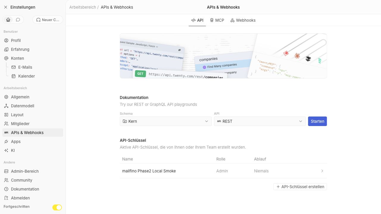TwentyCRM API-Schlüssel Übersicht