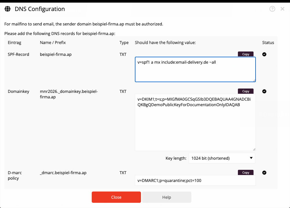 DNS-Konfiguration mit Auswahl der DKIM-Schlüssellänge