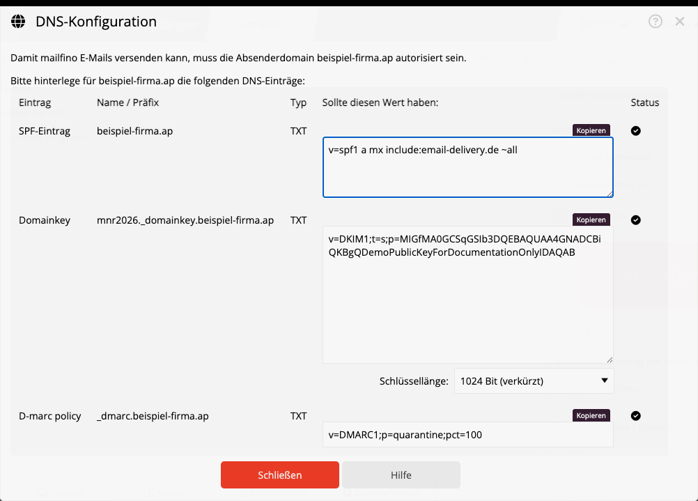DNS-Konfiguration mit Auswahl der DKIM-Schlüssellänge