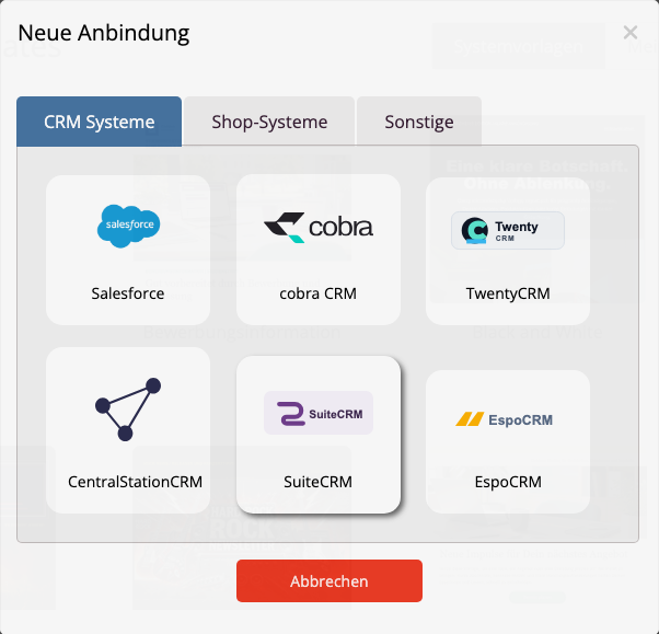EspoCRM in der Anbindungsauswahl