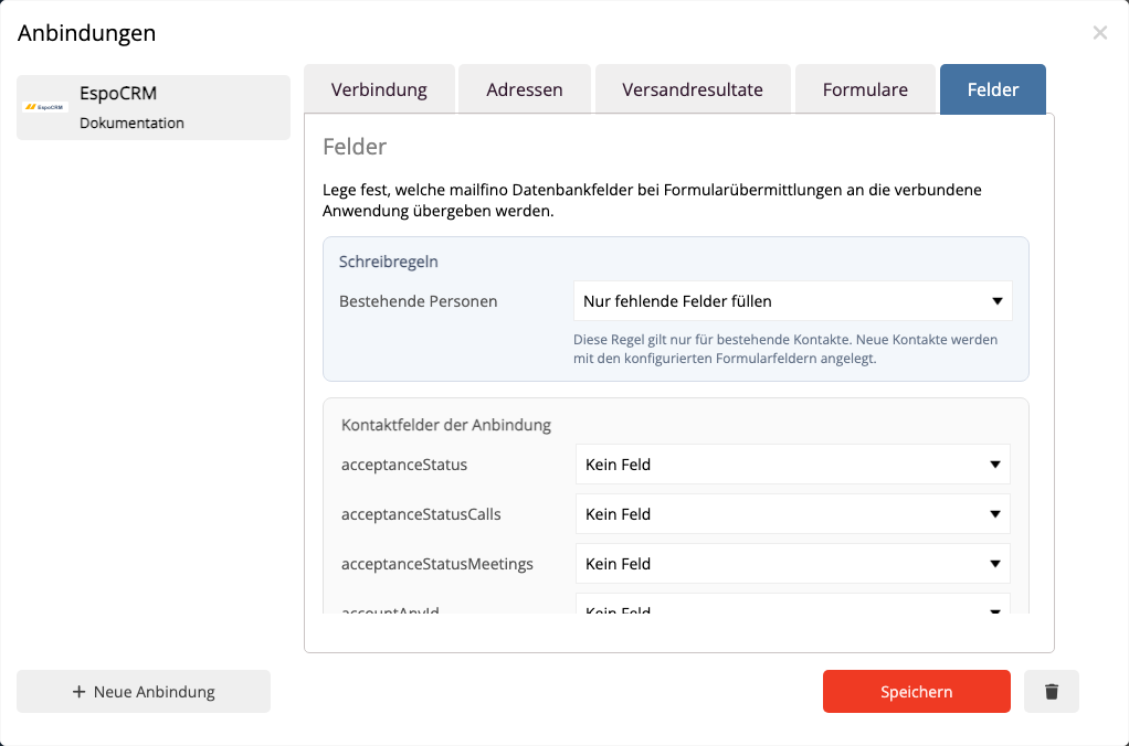 Felder für den EspoCRM Formular-Sync zuordnen