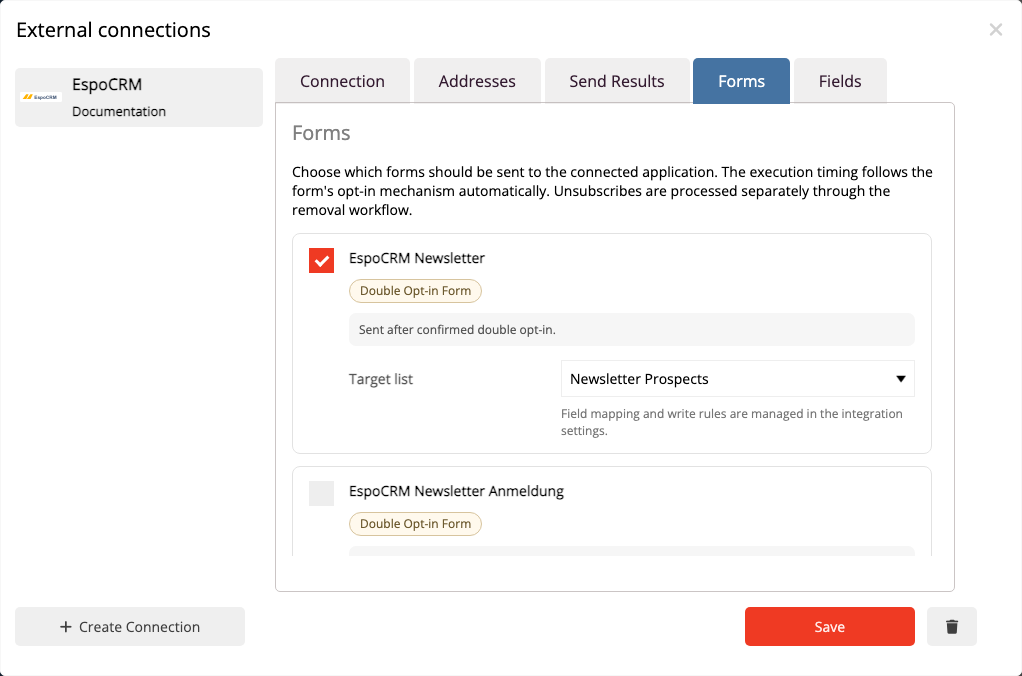 Formular aktivieren und EspoCRM Target List auswählen