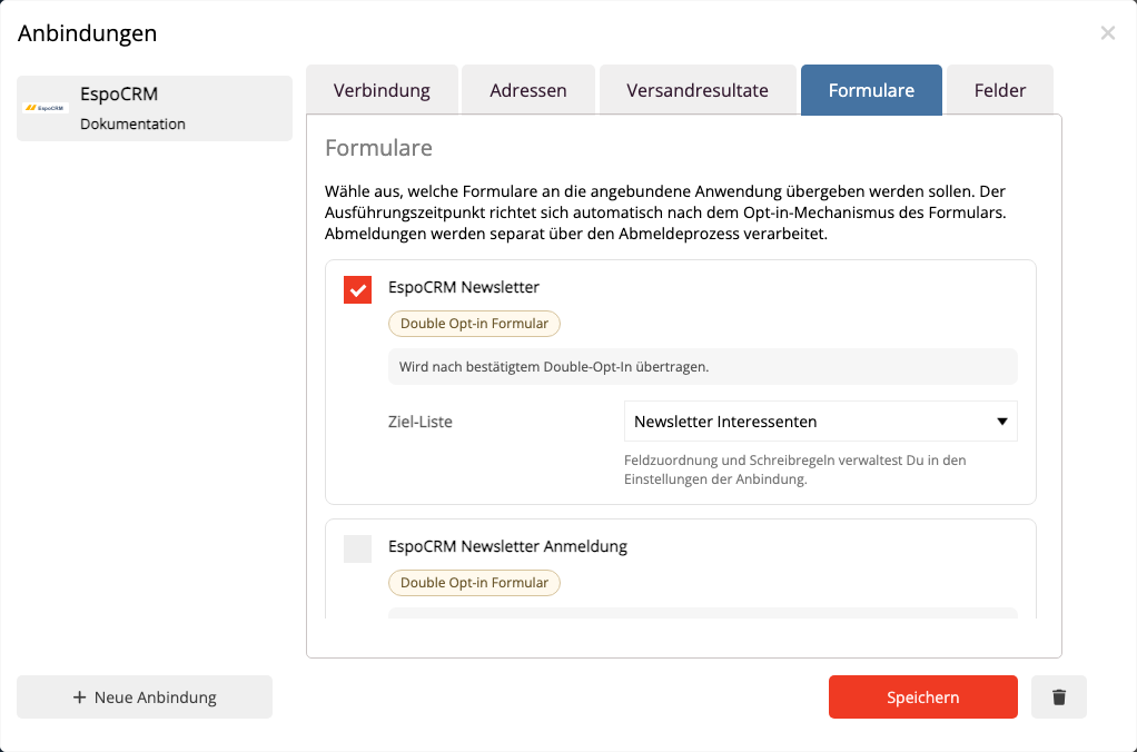 Formular aktivieren und EspoCRM Target List auswählen