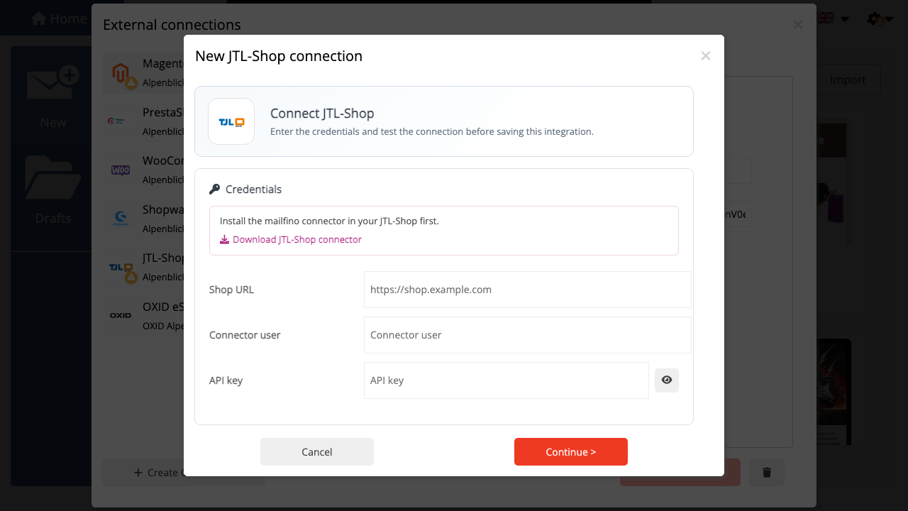 JTL-Shop Connector in mailfino herunterladen