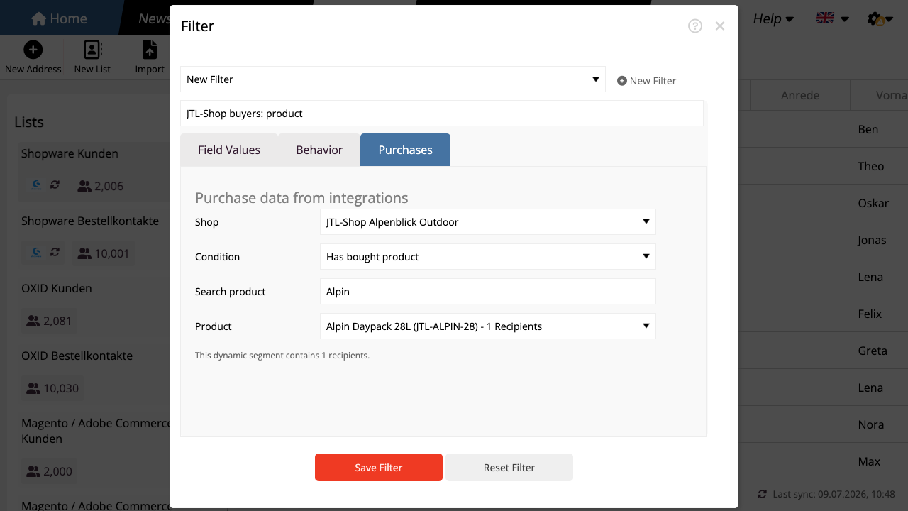 JTL-Shop Käufer nach Produkt filtern