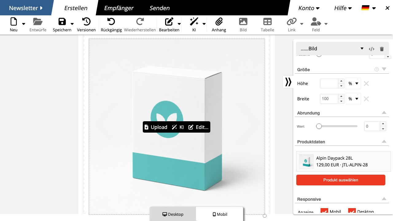 JTL-Shop Produktkarte im Newsletter Editor
