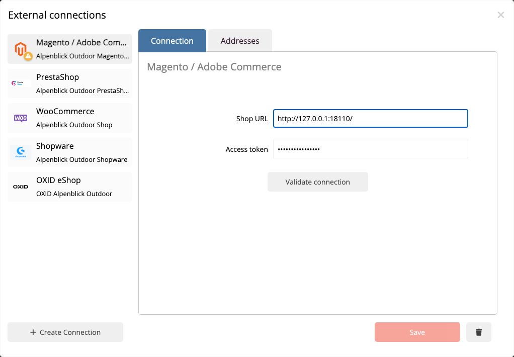 Magento Anbindung im Anbindungsmanager
