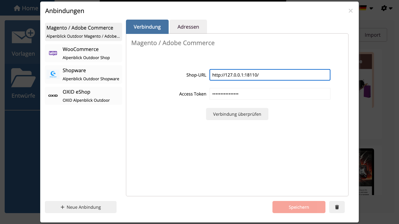 Gespeicherte Magento Anbindung
