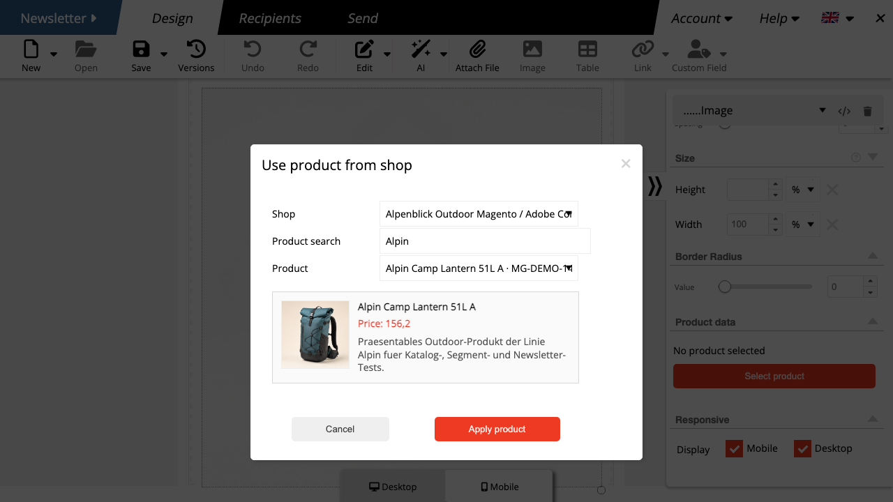 Magento Produkt im Newsletter auswählen