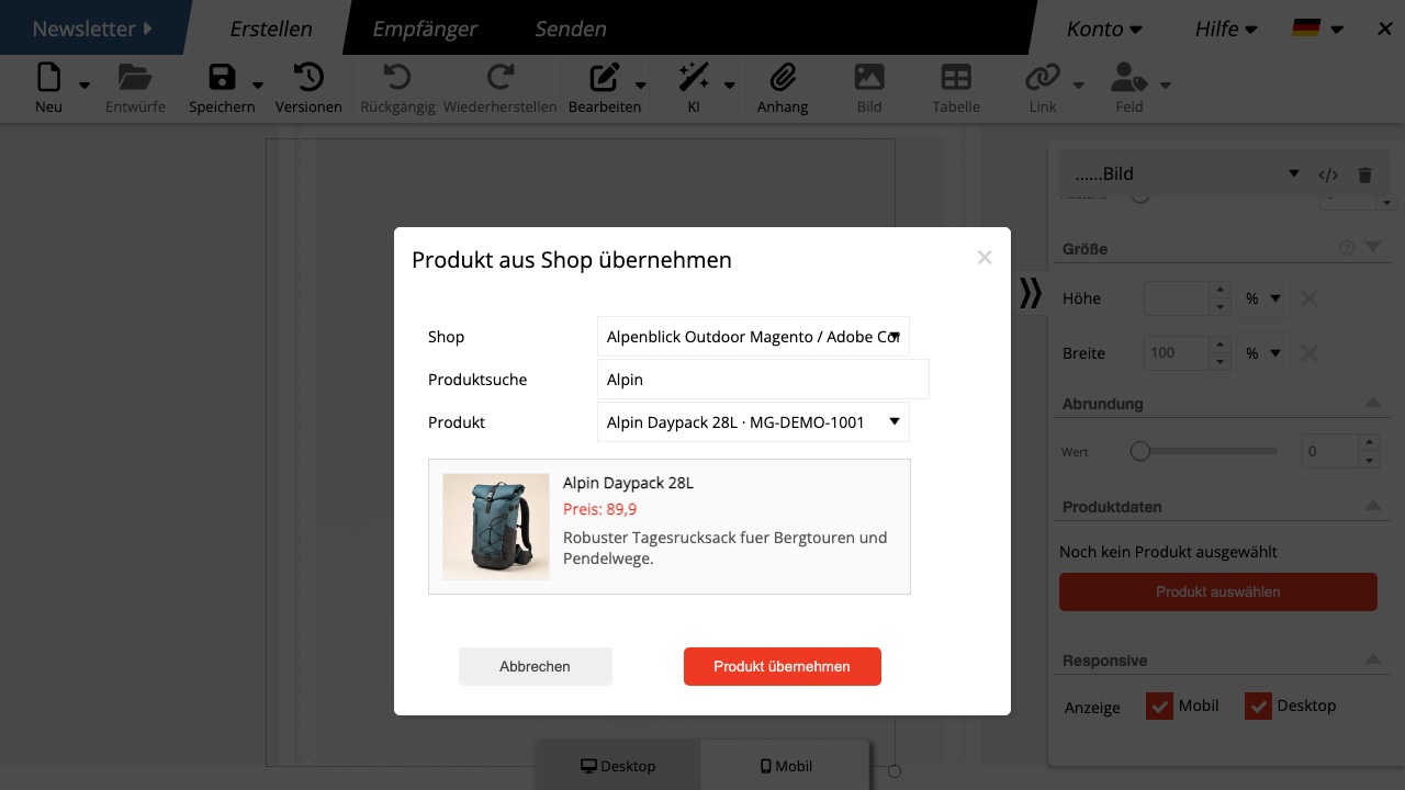 Magento Produkt im Newsletter auswählen