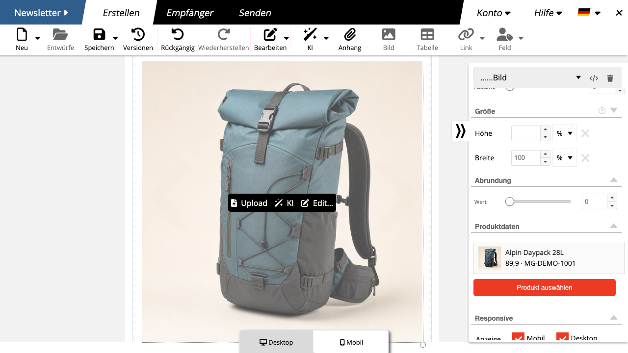 Magento Produktkarte im Newsletter Editor