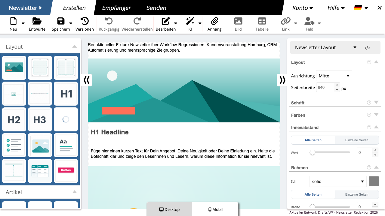 Elementleiste mit Layout- und Inhaltsbausteinen