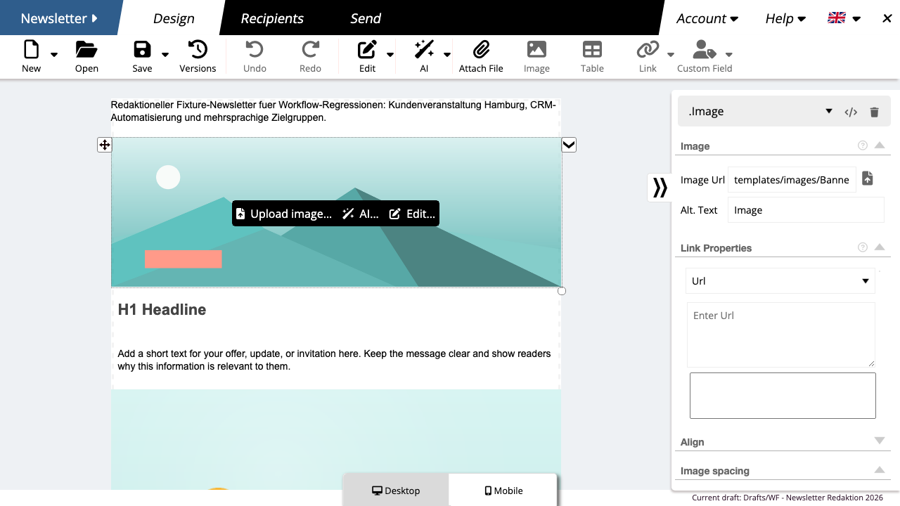 Ausgewähltes Bild mit Bild- und Alternativtext-Einstellungen im Style Editor