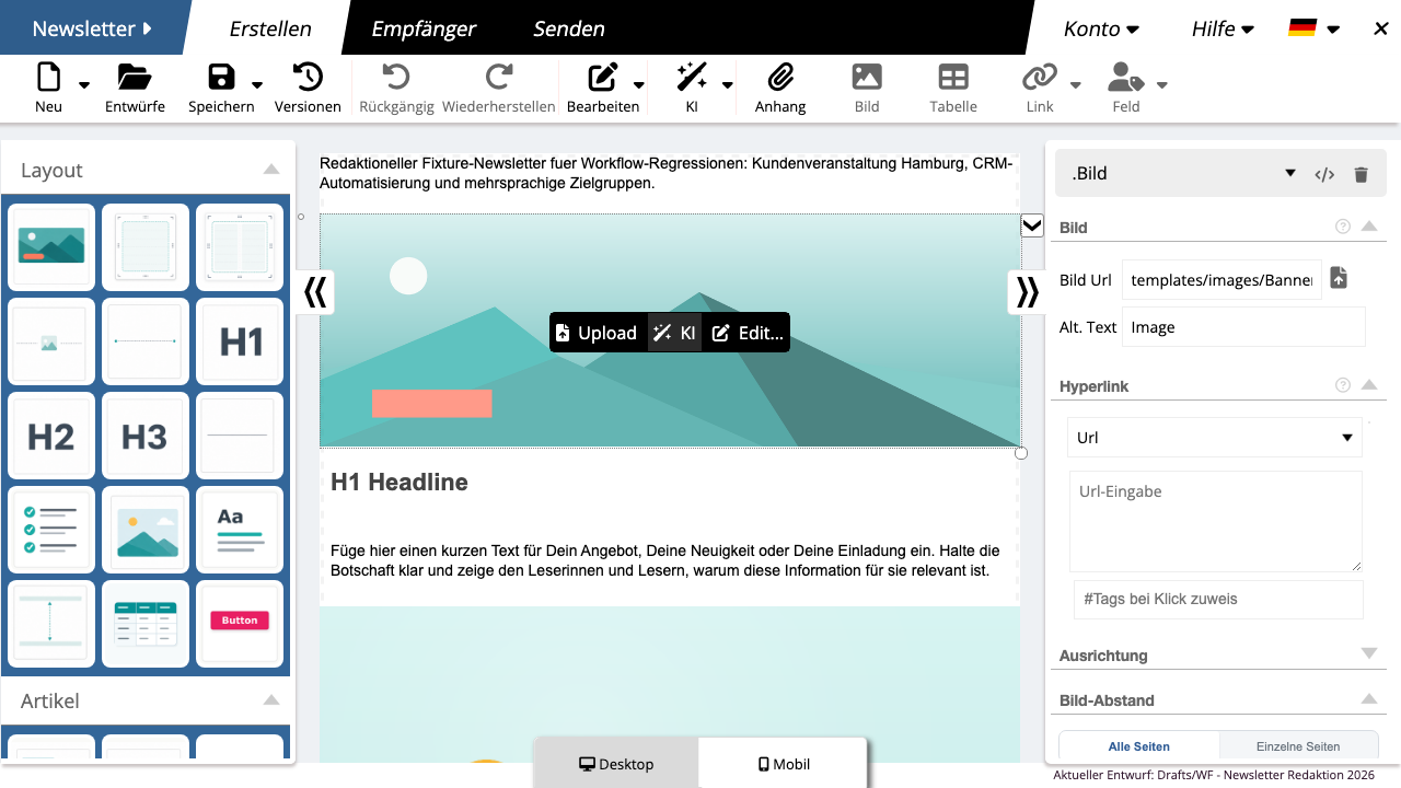 Ausgewähltes Bild mit Bild- und Alternativtext-Einstellungen im Style Editor