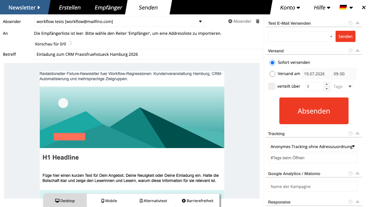 Newsletter-Vorschau mit Testmail- und Versandoptionen