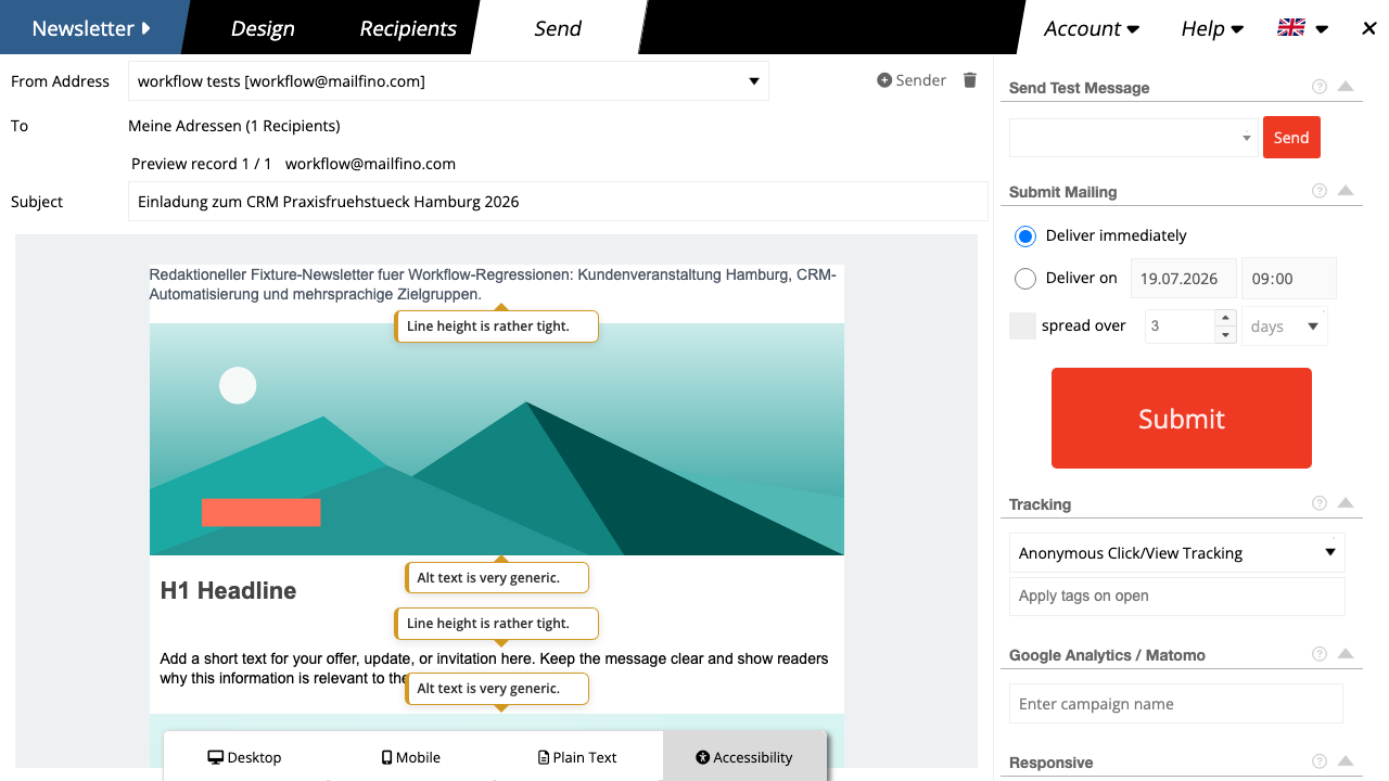 Hinweise des Accessibility-Checks direkt in der Newsletter-Vorschau