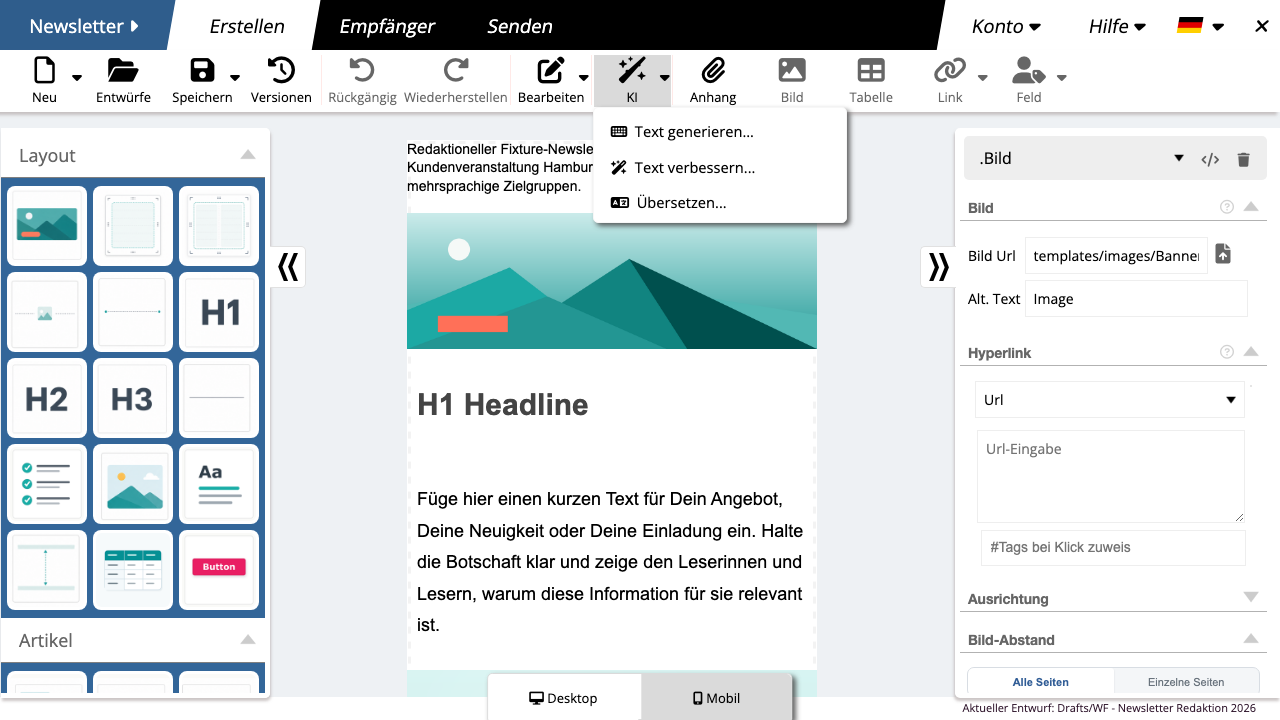 Geöffnetes KI-Menü im Newsletter-Editor