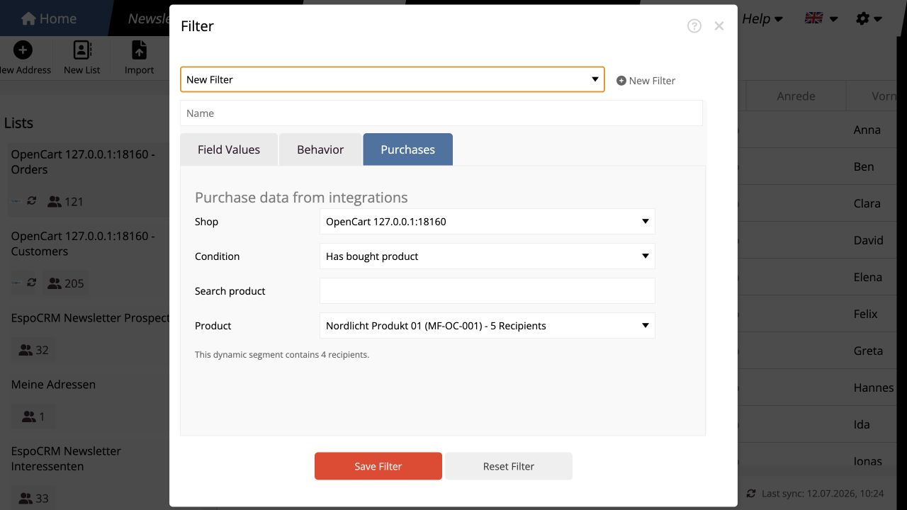OpenCart Kaufdatenfilter