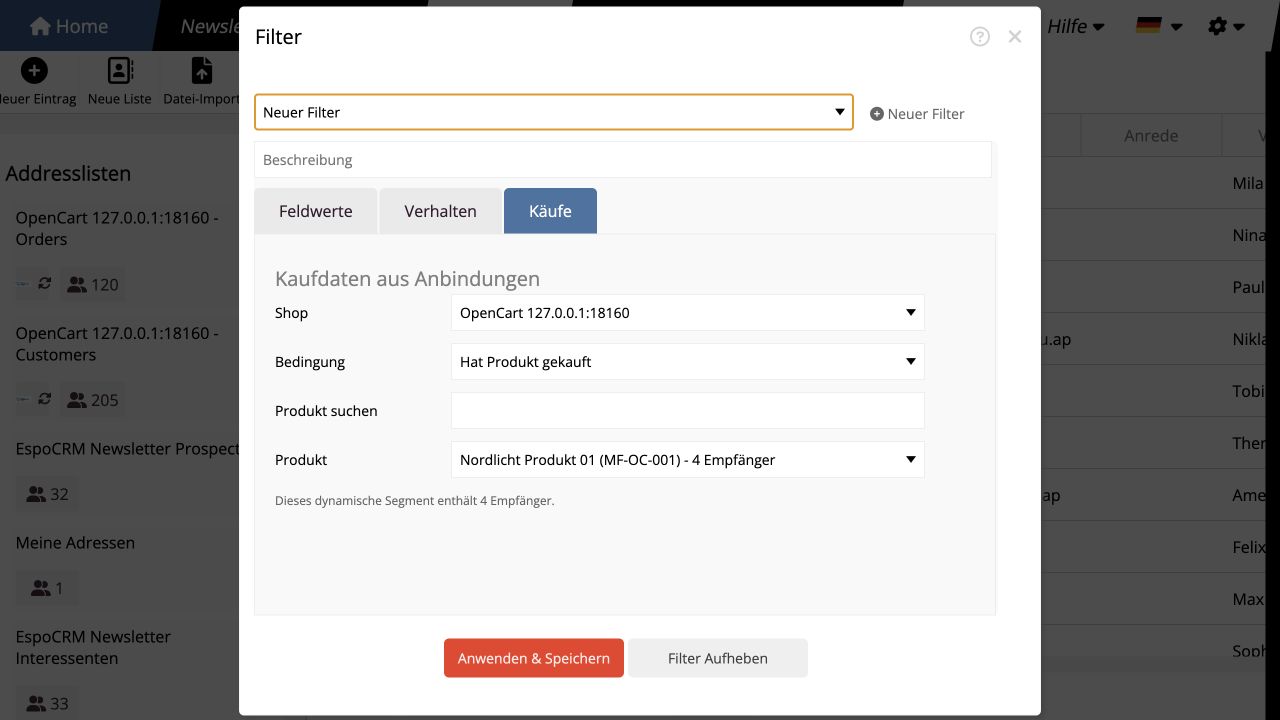 OpenCart Kaufdatenfilter