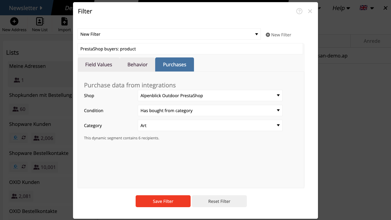 PrestaShop Segment nach gekaufter Kategorie