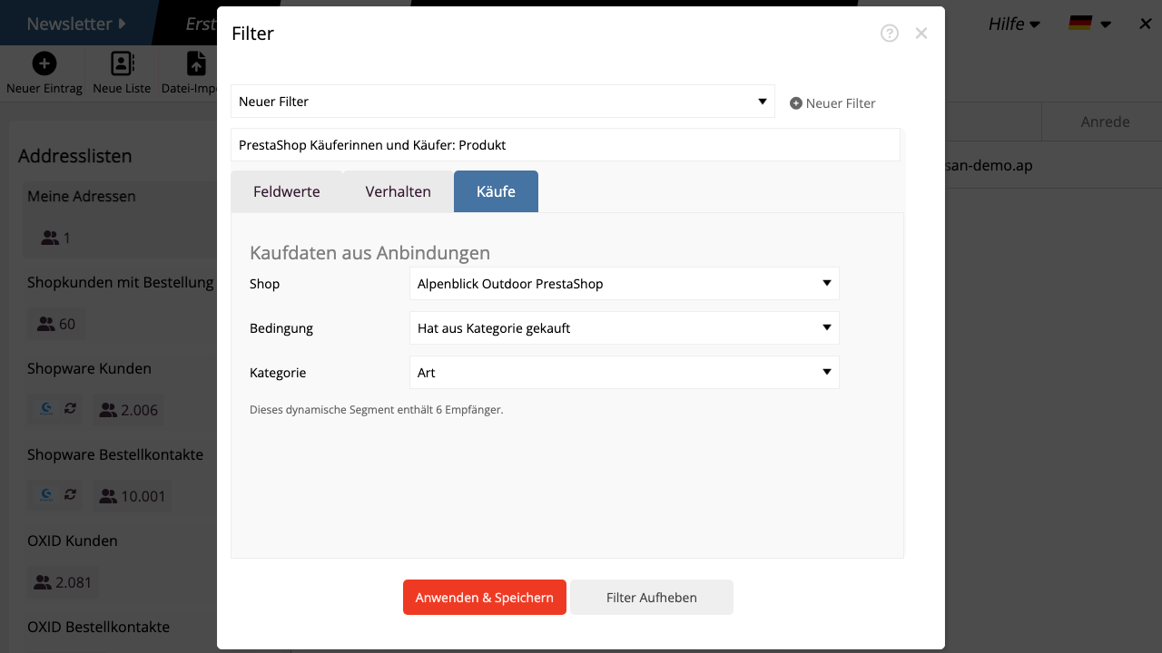 PrestaShop Segment nach gekaufter Kategorie