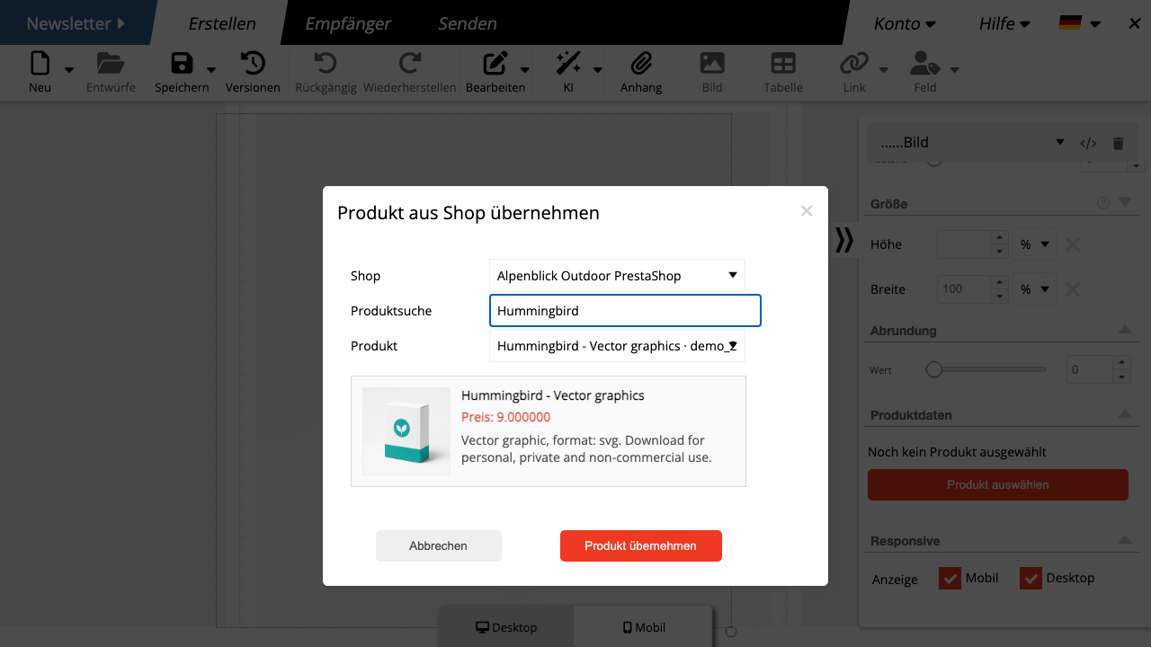 PrestaShop Produkt im Newsletter auswählen